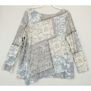 Chico's Tunic Top Asymmetrical Hem Multi Pattern Women L Cream Blue Long Sleeve